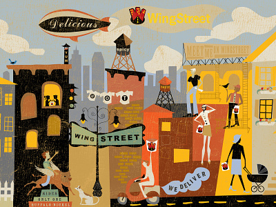 Pizza Hut WingStreet Mural blimp busy city cityscape colorblock design environmental design firey modern murals muted colors pedestrian spicy surface design texture trendy people urban watertower