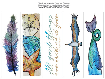 Bookmarks bookmark bookmarks feather illustration illustrator mermaid photoshop read sand dollar sea shells seagull watercolor