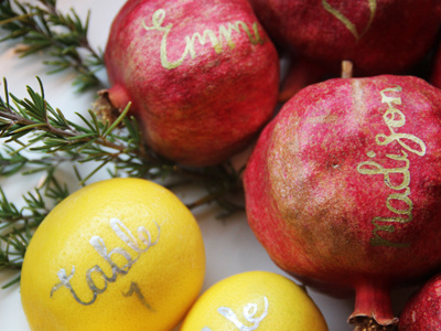 Namesake calligraphy hand lettering lemon metallic name cards place settings pomegranate table numbers