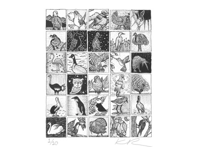 Birds birds illustration john vernon lord monthly challenge one inch drawing poster print