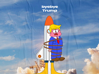 byebye trump 2d cartoon character creative design graffiti graphic illustration kidnapping nasa rocket rope trump