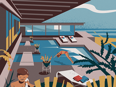 Leisure architecture illustration kids lifestyle mid century vector