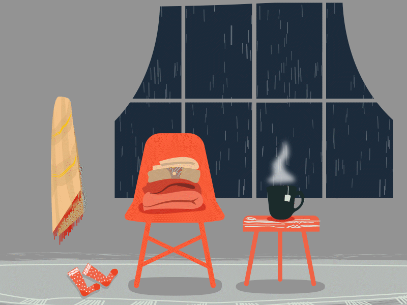 Cosy art chair clothes cosy cozy furniture graphic graphic art illustration rain scarf socks storm table tea window