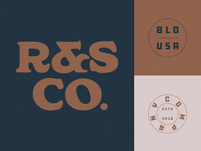 R&S Brand Elements ampersand badge blue brand company custom elements gold letter r letter s lettering logo
