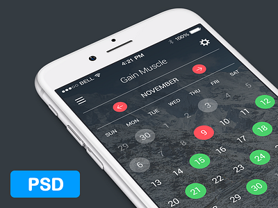 Calendar for fitness app. FREE PSD calendar dark date free freebie gui interface ios iphone psd ui ux