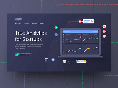 True Analytics Preview analytics app application branding concept dark dark ui design flat illustration illustration design landing landing page landing page design ui ux web web application webapp website