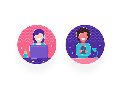 Buying stuff avatars illustrations abstract avatar blue branding buy character color colorful design flat icon illustration laptop line phone pink purple vector visual women