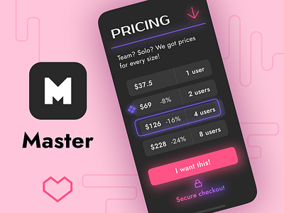 Master Figma Plugin | Mobile Pricing View Concept app app design black cards clean components dark figma gradient landing minimal mobile mobile ui neon night pricing page project ui ux web