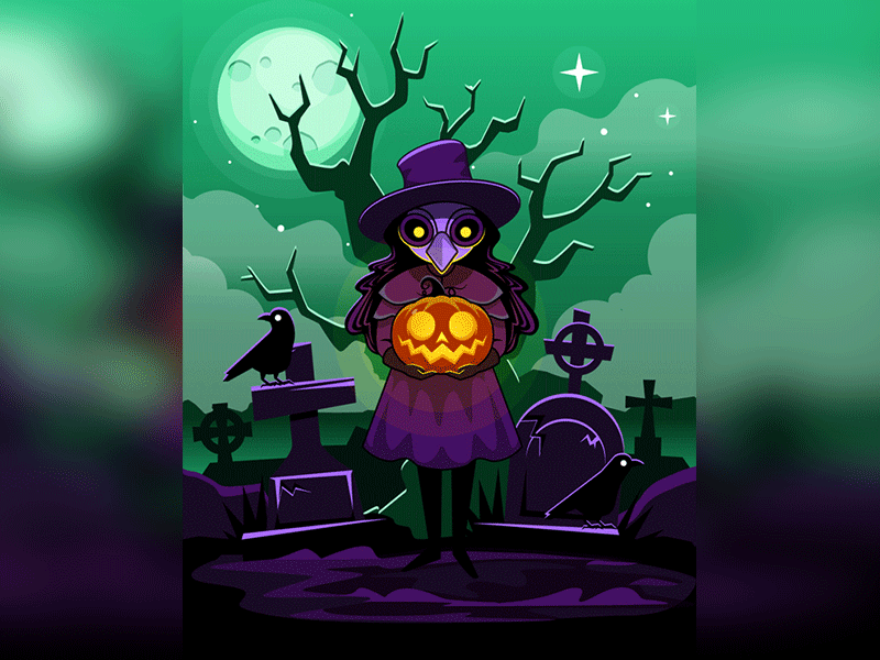 grave lantern animated gif cartoon cute graveyard halloween illustration jack o lantern karyl gil plague doctor pumpkin ravens spooky vector