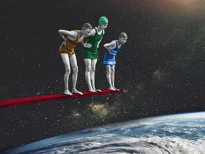 — checking the earth art collage digital collage jump kids photo manipulation photography retro space surrealism vintage