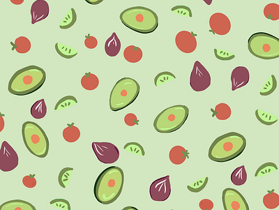 Guac On avocados food hand drawn illustration lime onion pattern procreate puns tomato