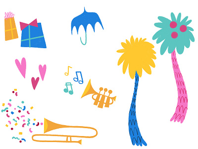 Freckleland Video Art confetti dr. seuss freckleland hearts illustration music presents trees trombone trumpet umbrella