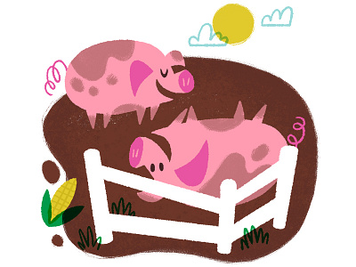 Piggies in the mud barnyard corn farm farm animals illustration kid lit mud pigs sun