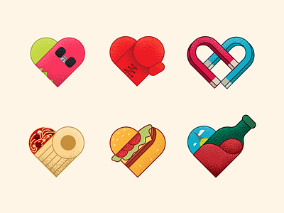 Manifestations of love boxing burger grain icons illustration love magnets pasta skateboard stipple texture wine