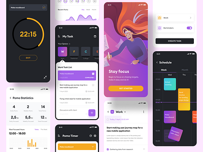 Productivity To Do List App app app design illustration mobile ui pomodoro todolist ui