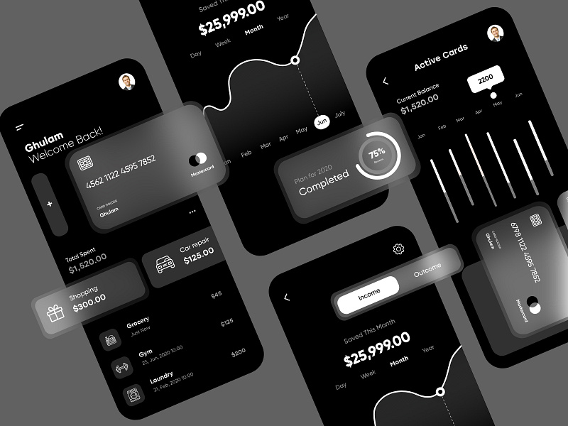 Finance App Dark Theme by Ghulam Rasool 🚀 for Cuberto on Dribbble
