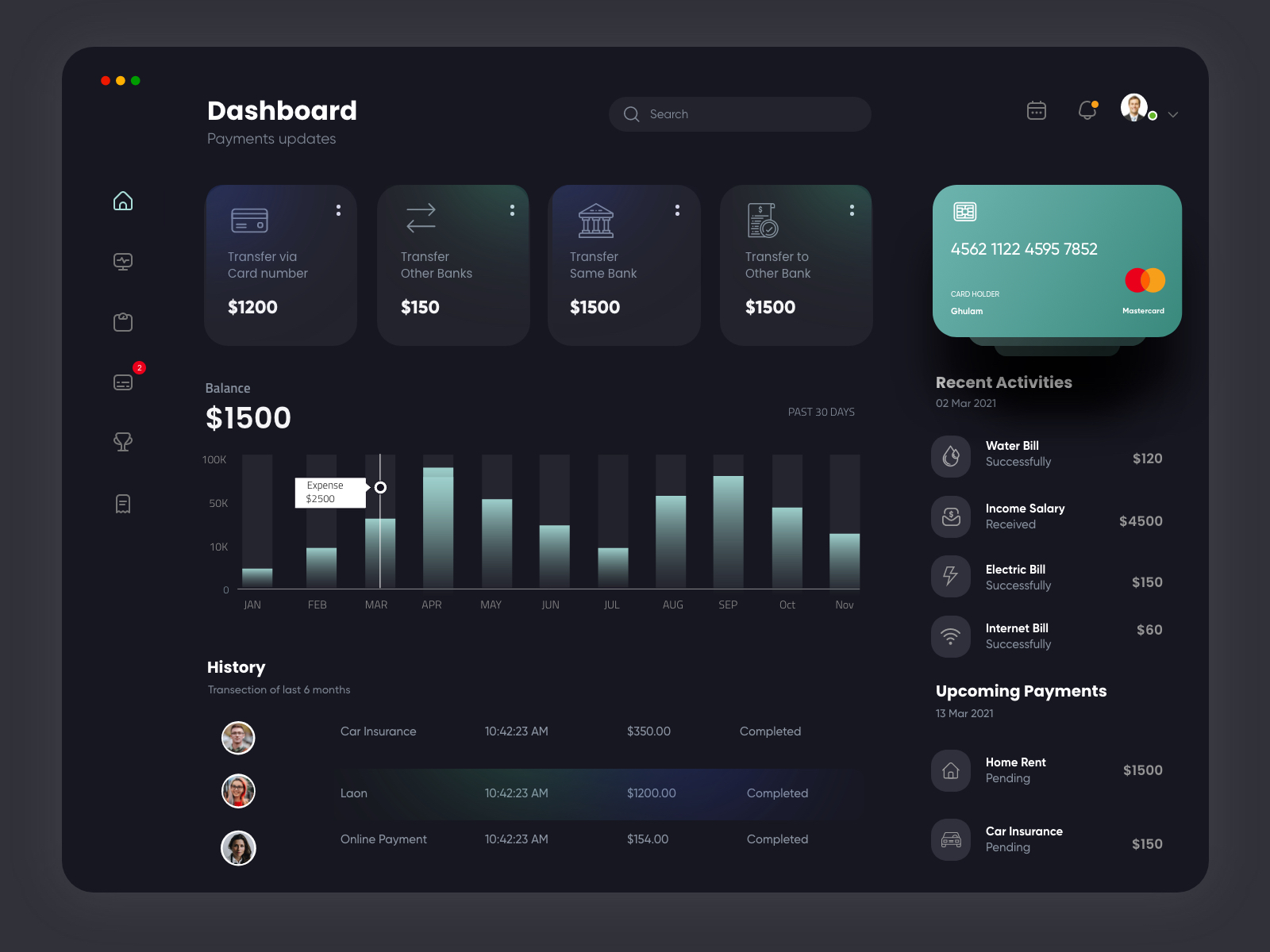 Finance Dashboard Dark theme by Ghulam Rasool 🚀 for Cuberto on Dribbble