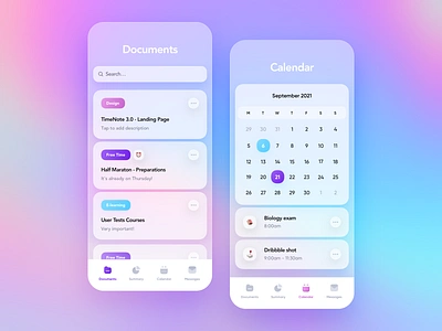 TimeNote 3.0 - Mobile Application app blue blur blurred background calendar clean colors design documents gradient minimal mobile purple round shadow tasks team transparent ui ux