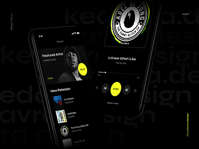 Dark Music Player app app design application artist banner black dark design green minimal mobile music app music player neon player playlist round ui ux yellow