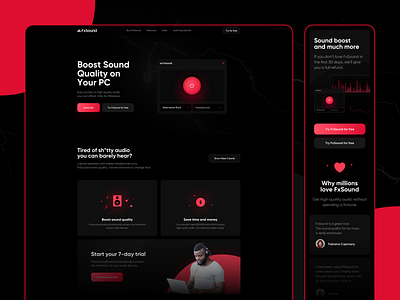 FX Sound - Landing Page black boost clean dark equalizer gradient icons illustrations landing landingpage mobile page quallity red redesign rounded shadow ui www