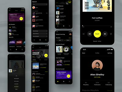 Blur - Streaming Music App app banner black clean dark design desktop font icons iphone landingpage minimal mobile music player round shadow ui ux yellow