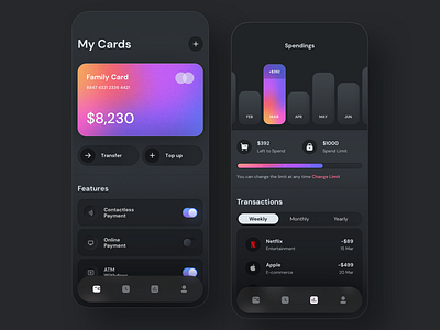 Mobile Payments 💵 application bank blur card chart colors dark design digital gradient iphone minimal mobile neumorphism payments purple shadow ui ux wallet