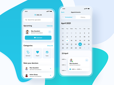 Medical App app app design appointment blue calendar call clean colors dashboard design doctors health hospital minimal round shadow ui ux video white