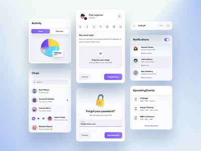 UI Elements - Light 3d app chart chat clean digital events icons illustration manager notifications popup post task team ui ux white white background widget