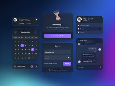 UI Elements - Dark 3d calendar chat clean dark dark mode icon manager mobile popup process profile purple shadow sign in tablet task ui upload ux