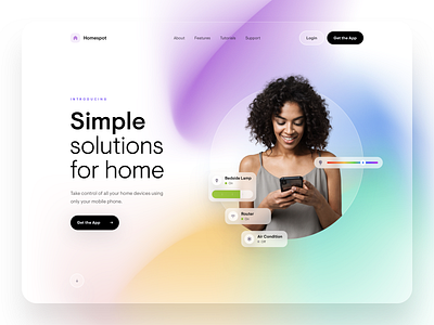 Homespot - WWW Design app application bg blur clean colors control design gradinet home manager minimal mobile ui ux website white widgets