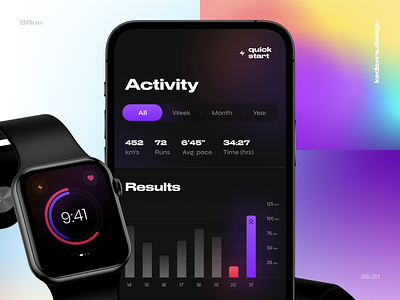 BRun - Fitness App 3d activity app application chart clean colors dark dashboard design desktop fitness ios mobile os running time ui ux watch