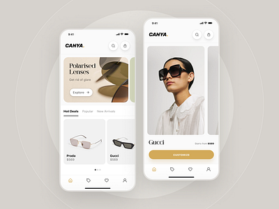 CANYA / Eyeglasses store app application branding cart chart clean design ecommerce eyeglasses glasses gold lenses logo minimal mobile shop store ui ux white