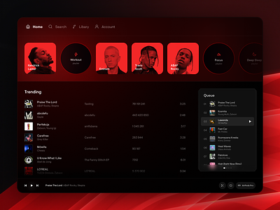 🔴 REDesign app artist blur branding chart clean dark design desktop icons minimal mobile music playlist red sound streaming ui ux