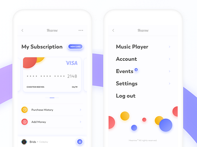 Menu & Subscription - application screens