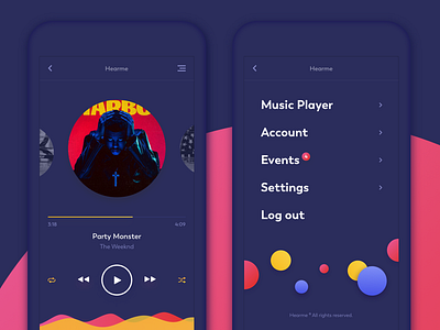 Music Player and Menu (dark theme) app clean dark design digital graphic illustration menu mobile music purple ui