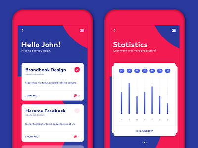 Tasks Statistics Screens app application blue card chart clean design gradient mobile red round statisctics