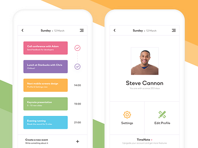 TimeNote Application calendar clean colors design digital graphic icons profile round stats tasks