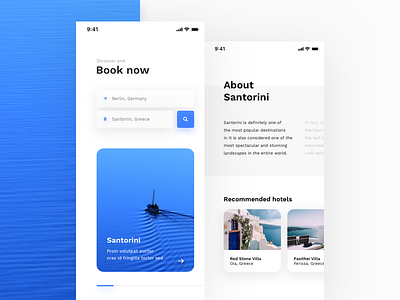 Travel App app blue booking cards clean gray location minimal mobile photo shadow travel