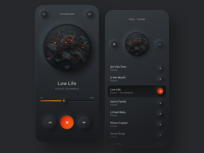Simple Music Player app colors dark design digital gradient iphone minimal mobile music music player neumorphism orange player round shadow skeuomorphic stream ui uiux