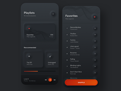 Playlists - Simple Music Player app colors dark design digital gradient iphone minimal mobile music neumorphic neumorphism orange player playlist round shadow song ui ux