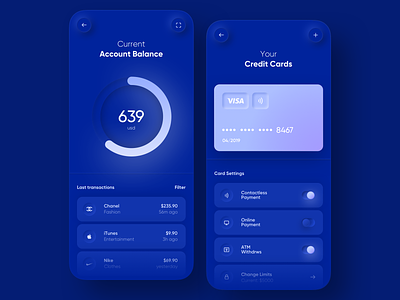 💵 Banking App 💵 3d app blue blur buttons card cash chart credit dark gradient minimal money navy neumorphic neumorphism payment skeumorphism toggl toggle button