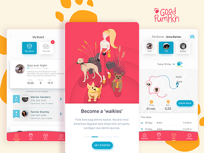 "Good Pumpkin" App for Pet Owners app branding app design cards ui clean app design dog art dog illustration onboarding pet app ui deisgn