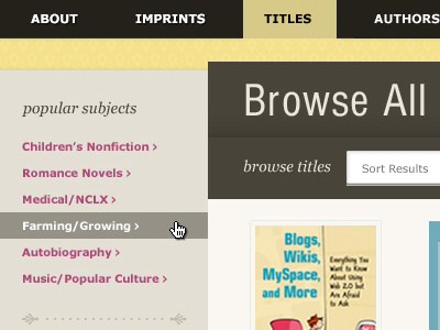 Browse Titles and Navigation Elements books brown chicago depth left navigation navigation pattern purple web website yellow