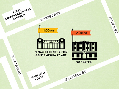 Midtown Literary Walk Map black buildings detroit green icons map