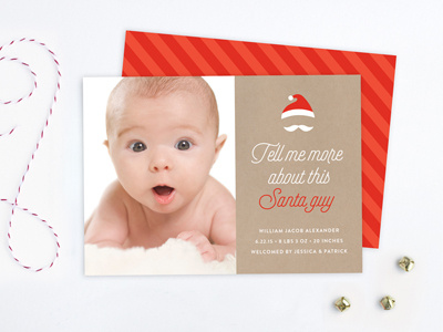 Santa Guy birth announcement card christmas greeting card holiday illustration red santa stripe