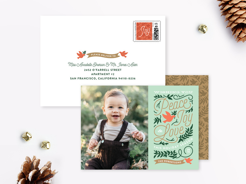 Doves Holiday Card stationery typography olive branch green red doves christmas holiday card holiday minted genna cowsert