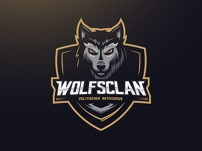 Wolfsclan animal black brand company esport game gold logo mascot shield sport wolf