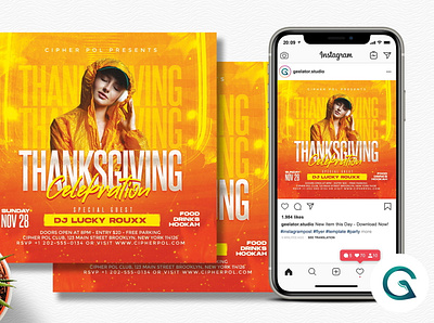 Thanksgiving Party Flyer Template autumn club event fall flyer harvest holiday instagram flyer invitation maple november party flyer pumpkins square template thanksgiving turkey