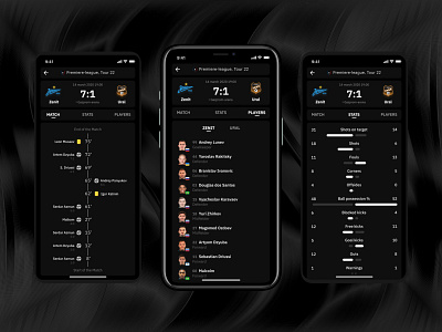 Dark Match Stats Mobile App betting black dark dark theme foolball gambling game goal ios ios app iphone match results mobile soccer soccer app sport sport stats sports stats ui ux