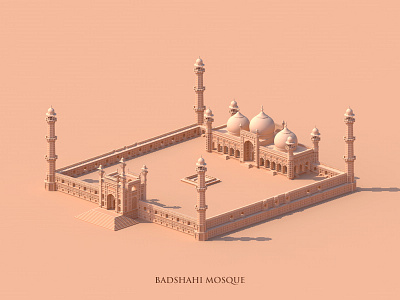 Badshahi Mosque 3d art architecture buiding drawing illustration isometric minimal monochrome